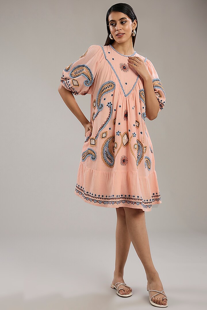 Pink Cotton Paisley Embroidered Knee-Length A-Line Dress by Nakateki