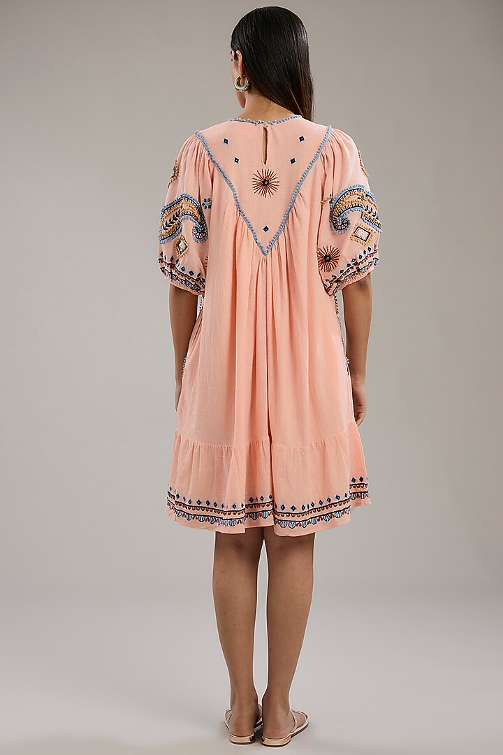 Pink Cotton Paisley Embroidered Knee-Length A-Line Vacation Dress by Nakateki at Pernia's Pop Up Shop