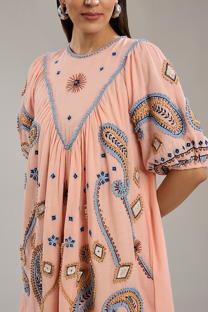 Pink Cotton Paisley Embroidered Knee-Length A-Line Vacation Dress by Nakateki at Pernia's Pop Up Shop