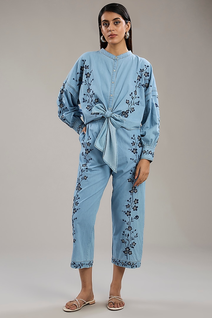 Blue Denim Floral Embroidered Co-ord Set by Nakateki at Pernia's Pop Up Shop