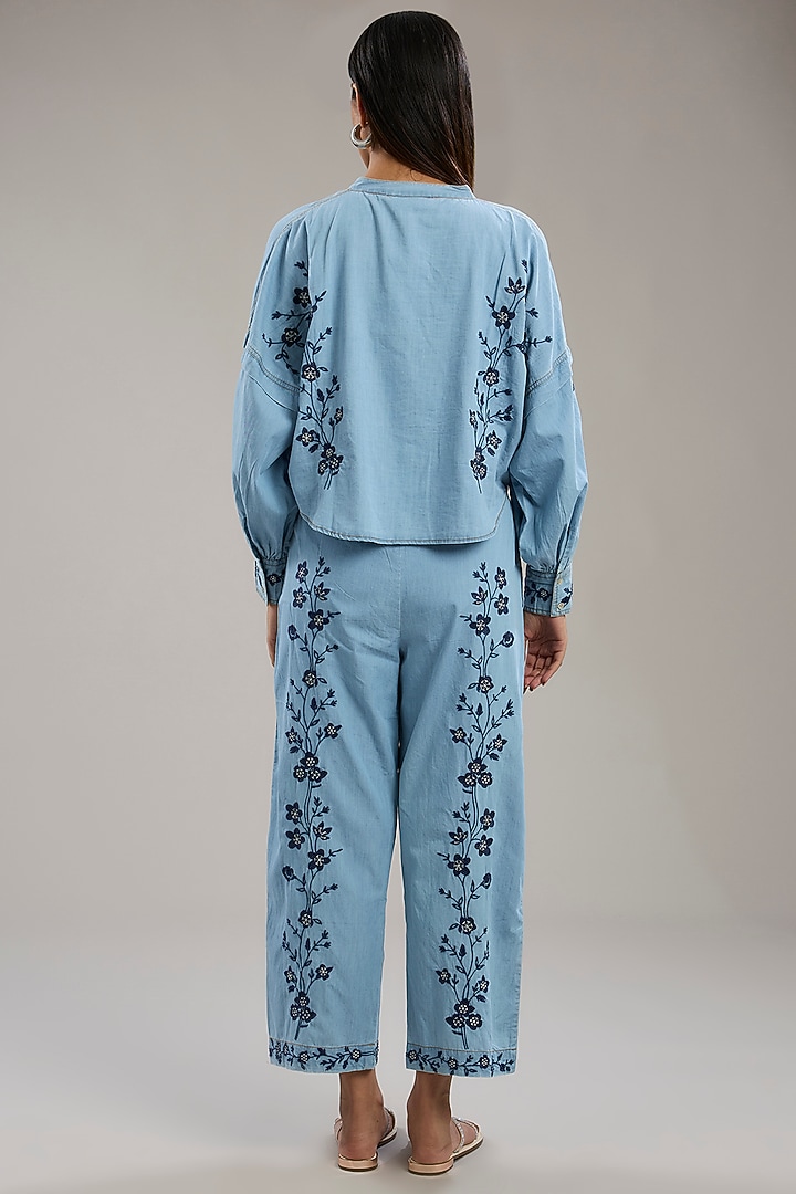 Blue Denim Floral Embroidered Co-ord Set by Nakateki at Pernia's Pop Up Shop