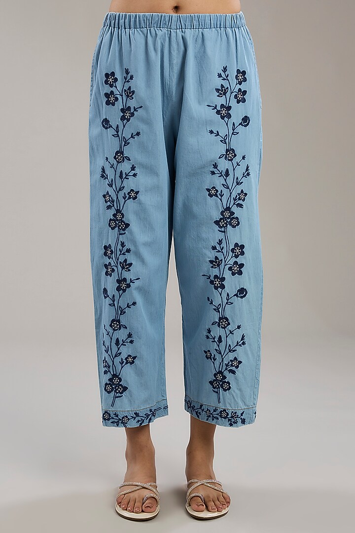 Blue Denim Floral Embroidered Co-ord Set by Nakateki at Pernia's Pop Up Shop