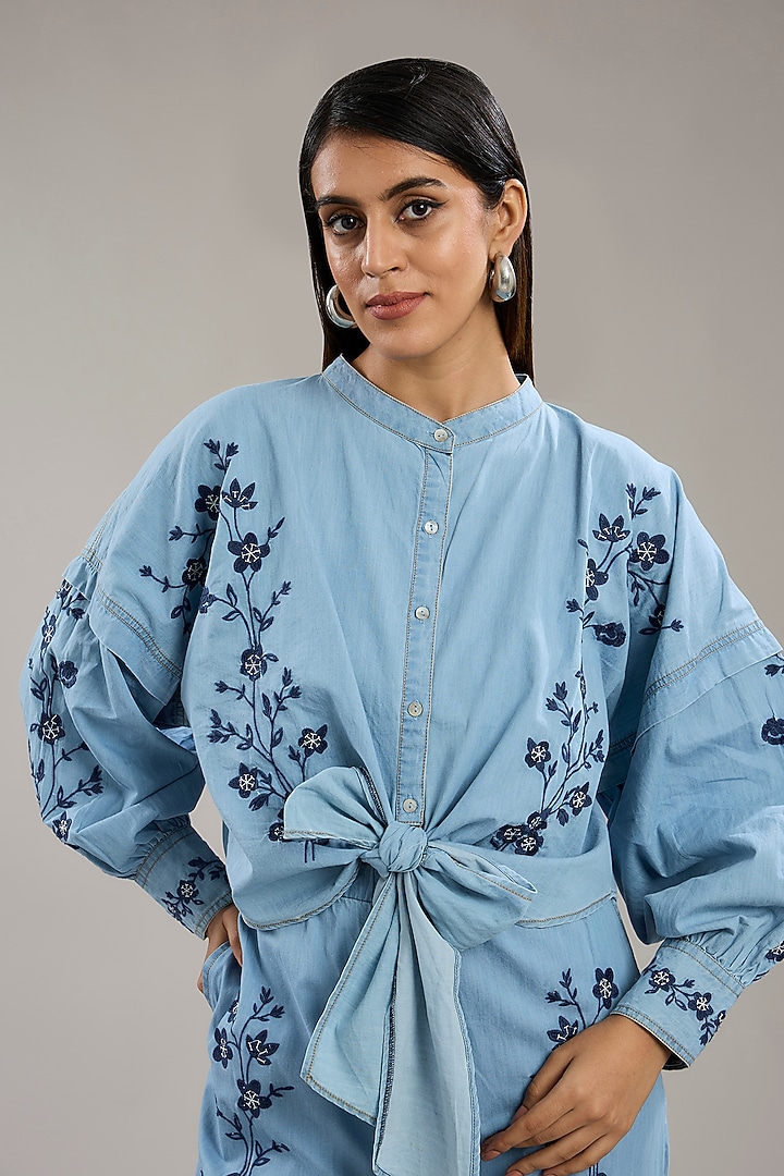 Blue Denim Floral Embroidered Co-ord Set by Nakateki at Pernia's Pop Up Shop