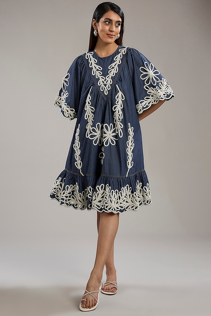 Blue Denim Dori Embroidered Dress by Nakateki at Pernia's Pop Up Shop