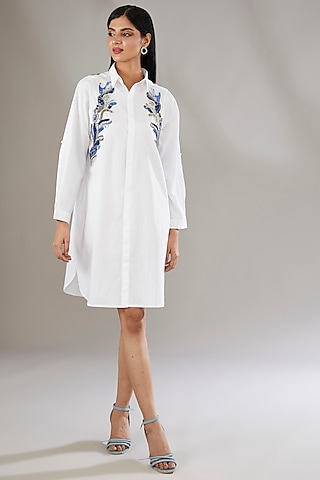 White Denim Sequins Embroidered & Abstract Printed Dress by Nakateki