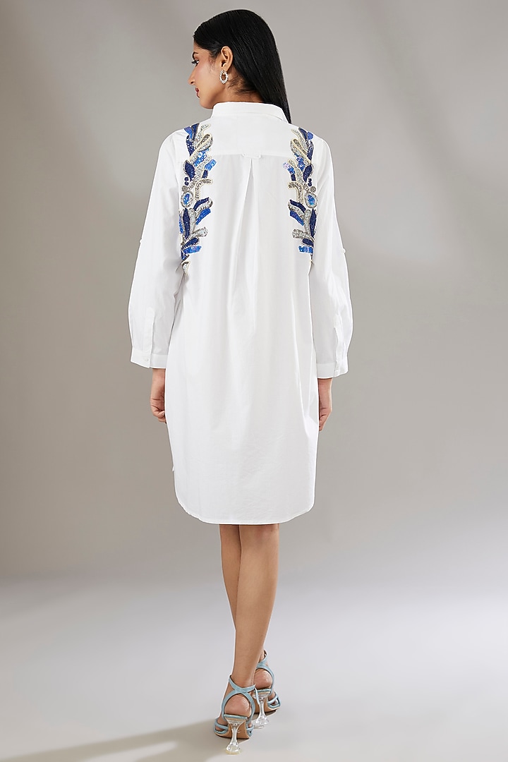 White Denim Sequins Embroidered & Abstract Printed Vacation Dress by Nakateki at Pernia's Pop Up Shop