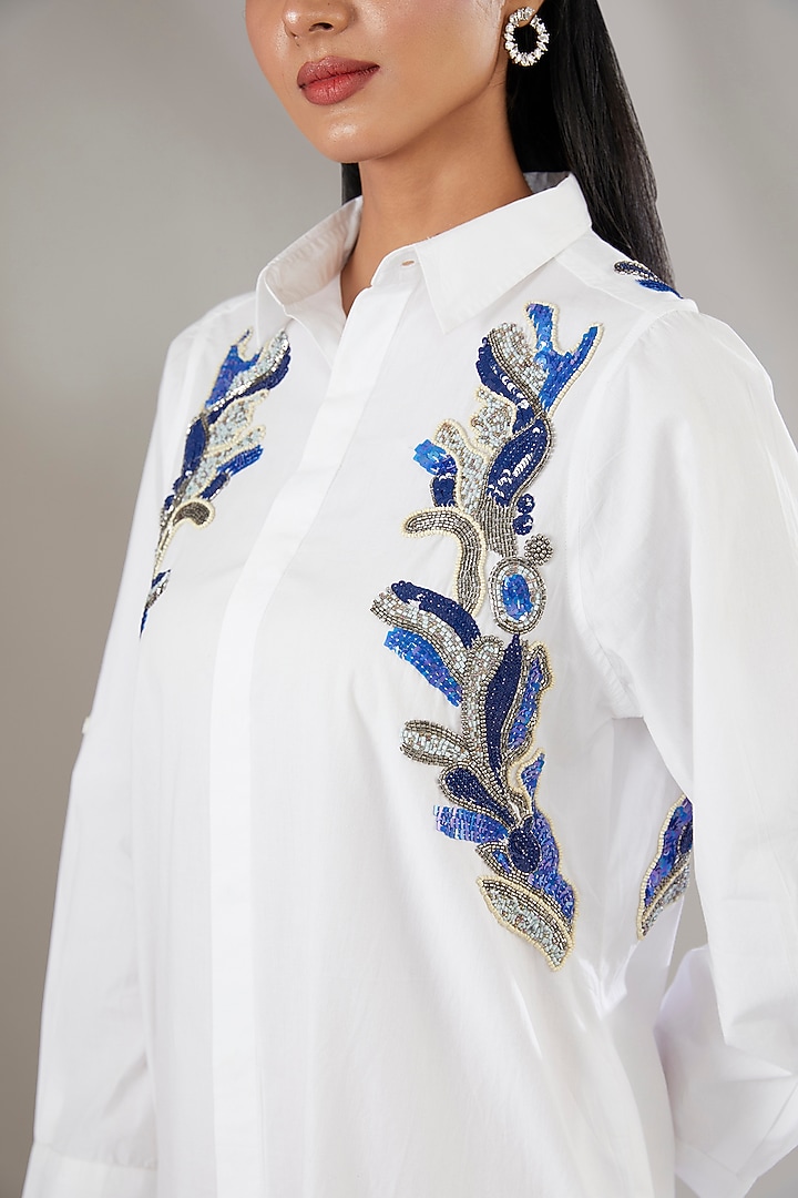 White Denim Sequins Embroidered & Abstract Printed Vacation Dress by Nakateki at Pernia's Pop Up Shop
