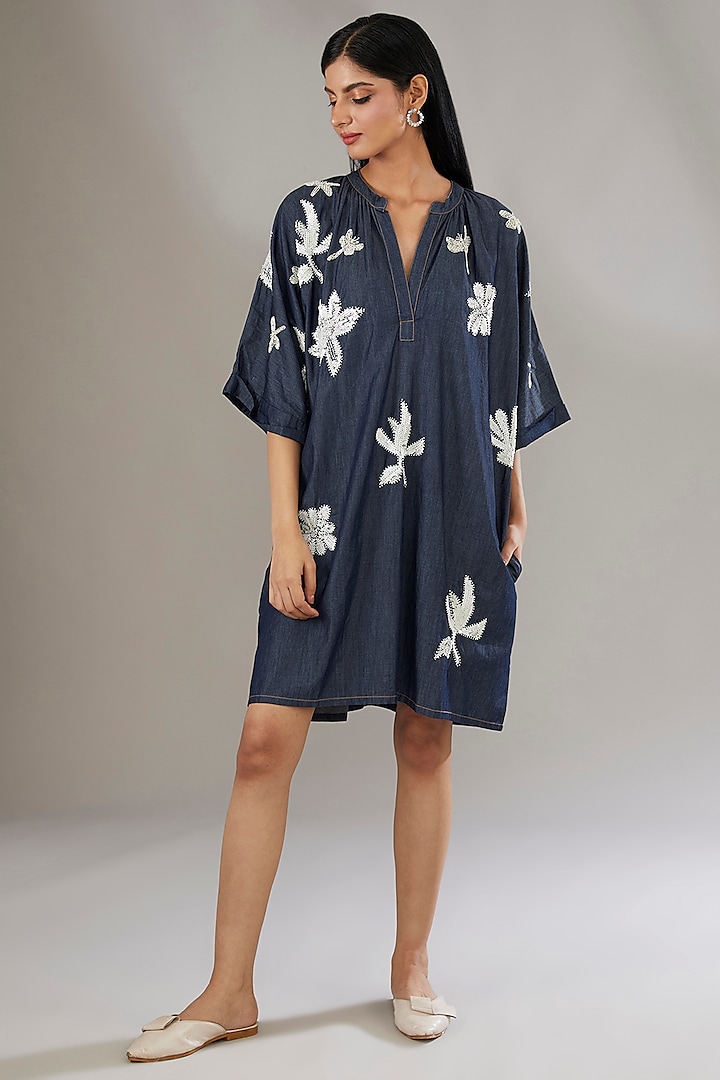 Blue Denim Applique Embroidered & Printed Dress by Nakateki