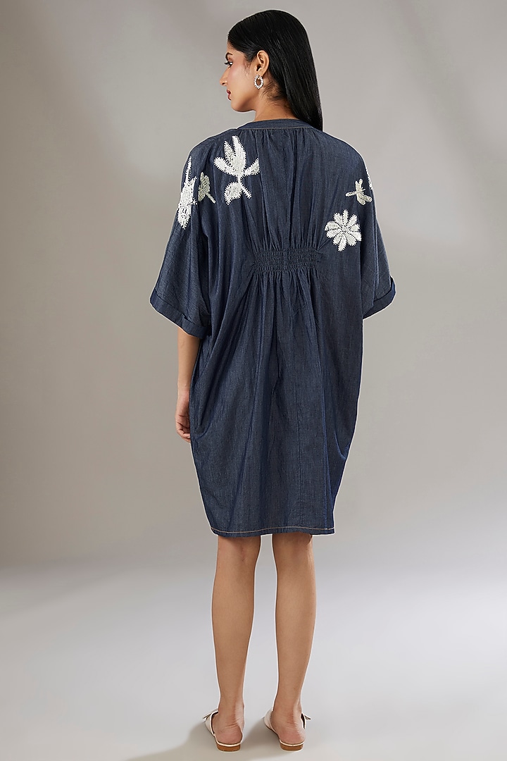 Blue Denim Applique Embroidered & Printed Vacation Dress by Nakateki at Pernia's Pop Up Shop