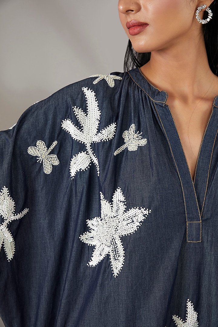 Blue Denim Applique Embroidered & Printed Vacation Dress by Nakateki at Pernia's Pop Up Shop