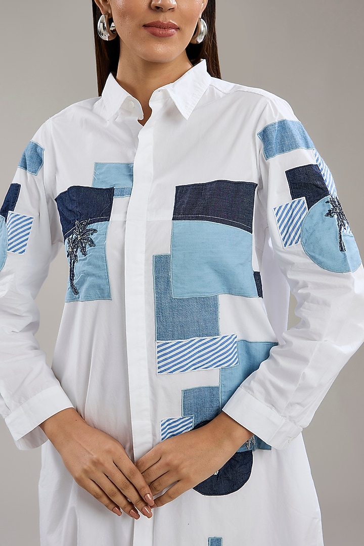 White Cotton Poplin Patchwork Vacation Shirt Dress by Nakateki at Pernia's Pop Up Shop