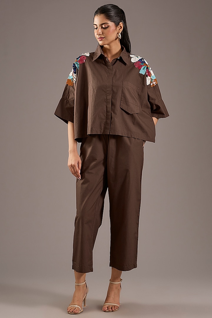 Brown Cotton Floral Embellished Co-Ord Set by Nakateki at Pernia's Pop Up Shop