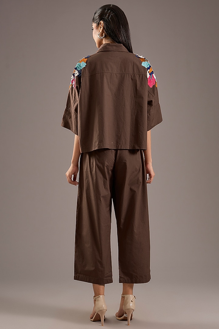 Brown Cotton Floral Embellished Co-Ord Set by Nakateki at Pernia's Pop Up Shop