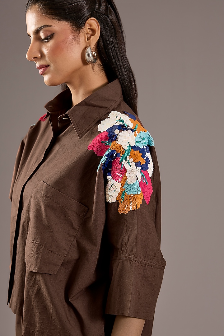 Brown Cotton Floral Embellished Co-Ord Set by Nakateki at Pernia's Pop Up Shop