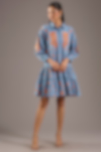 Blue Linen Floral Motif Embroidered Summer Dress by Nakateki at Pernia's Pop Up Shop