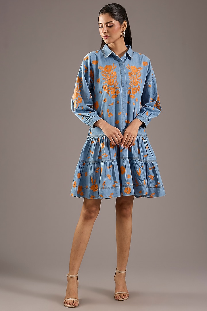 Blue Linen Floral Motif Embroidered Summer Dress by Nakateki at Pernia's Pop Up Shop