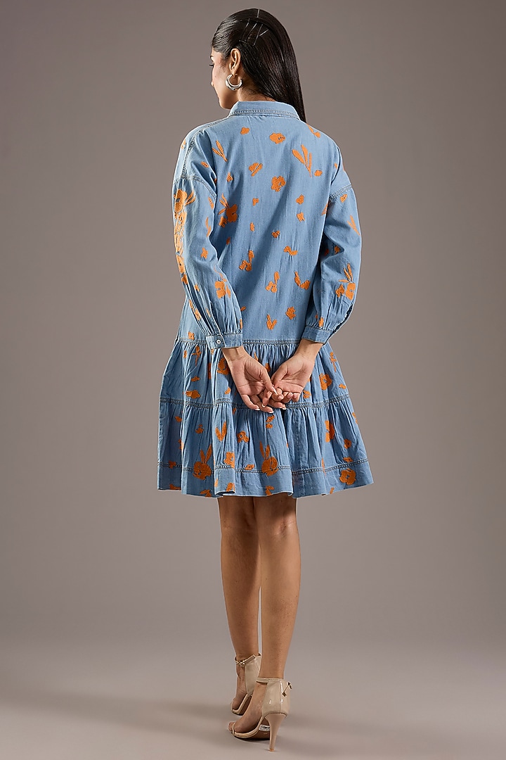 Blue Linen Floral Motif Embroidered Summer Dress by Nakateki at Pernia's Pop Up Shop