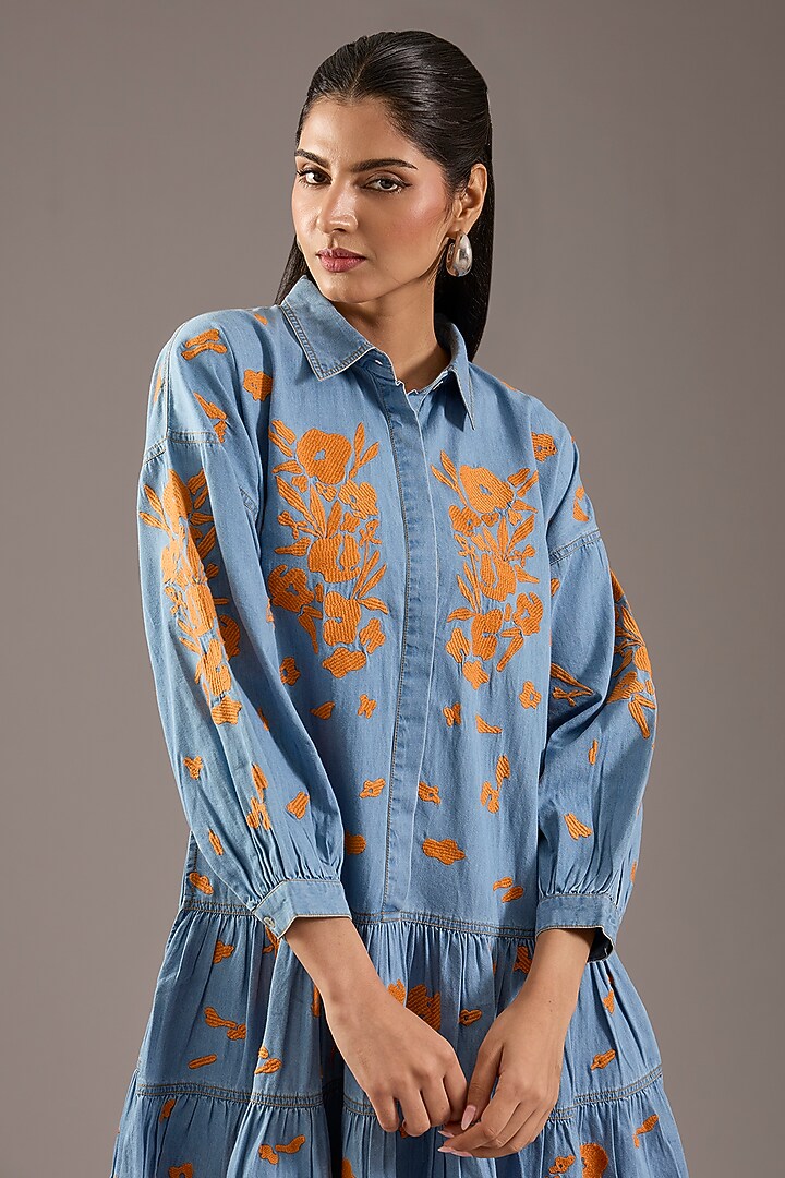 Blue Linen Floral Motif Embroidered Summer Dress by Nakateki at Pernia's Pop Up Shop