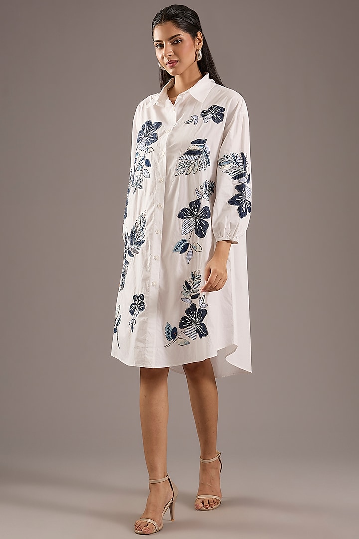 White Cotton Poplin & Denim Floral Patch Work Vacation Dress by Nakateki at Pernia's Pop Up Shop