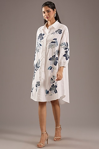 White Cotton Poplin & Denim Floral Patch Work Dress by Nakateki
