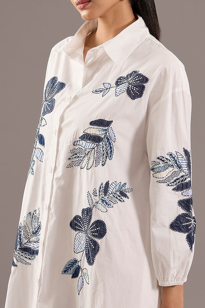 White Cotton Poplin & Denim Floral Patch Work Vacation Dress by Nakateki at Pernia's Pop Up Shop