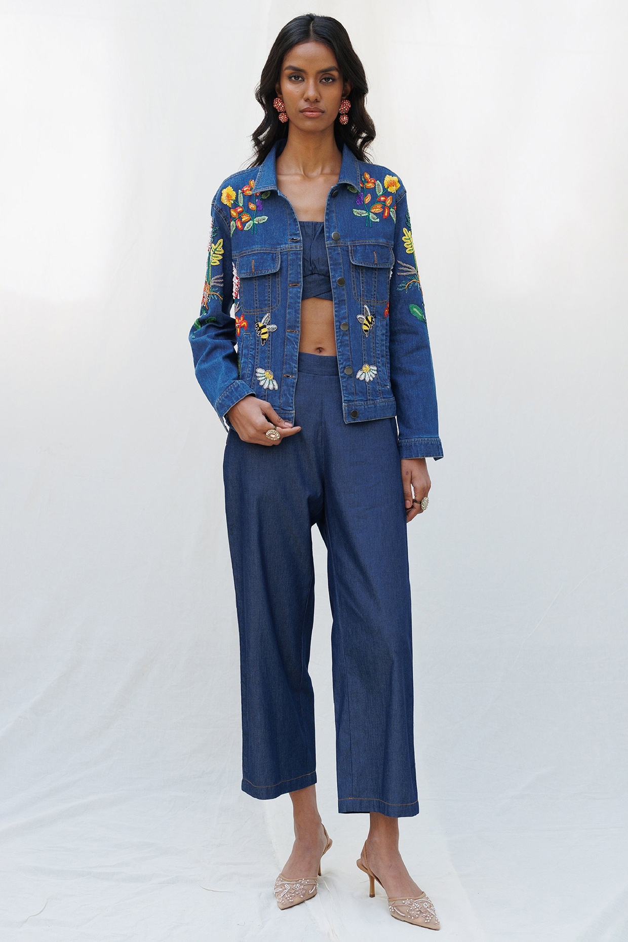 Nakateki Blue Denim Elastane Floral Embellished Jacket