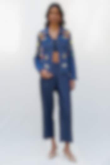 Blue Denim Elastane Floral Embellished Jacket by Nakateki at Pernia's Pop Up Shop