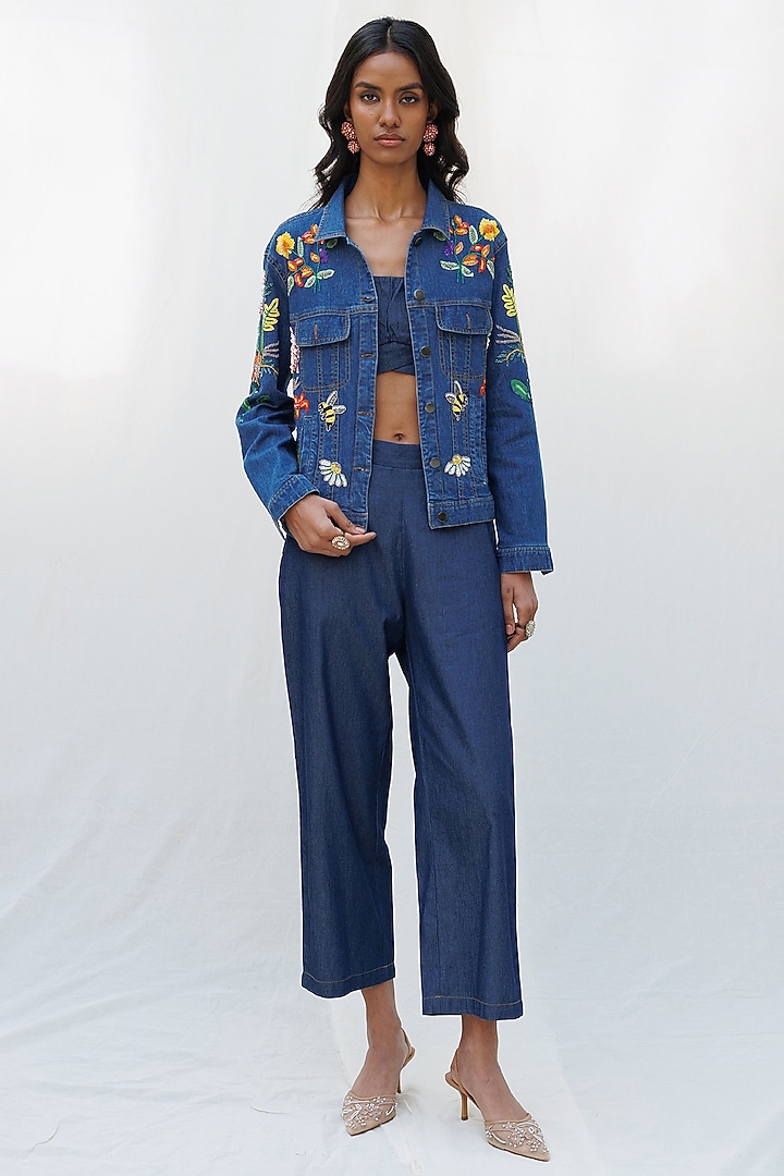 Blue Denim Elastane Floral Embellished Jacket by Nakateki at Pernia's Pop Up Shop