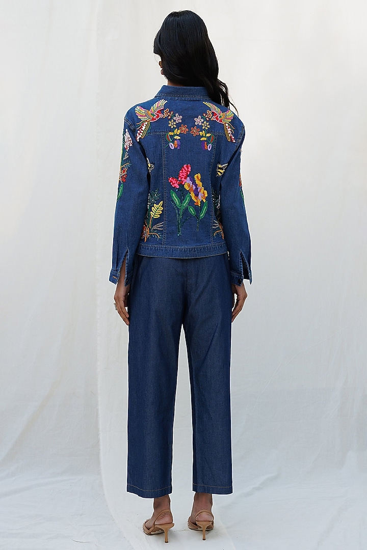 Blue Denim Elastane Floral Embellished Jacket by Nakateki at Pernia's Pop Up Shop