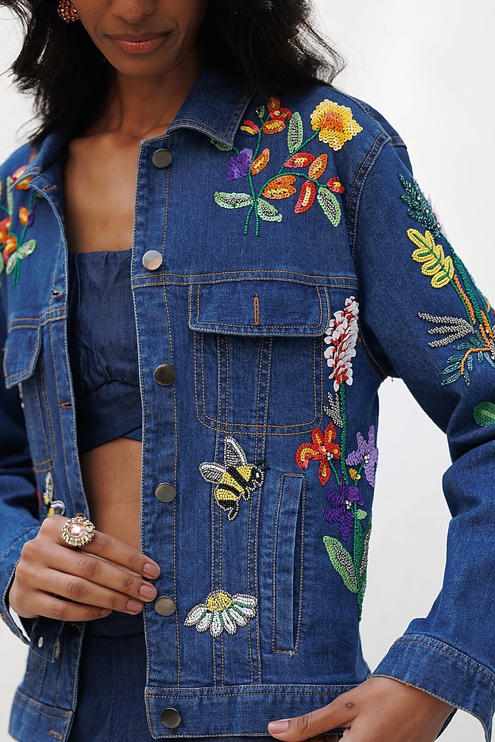 Blue Denim Elastane Floral Embellished Jacket by Nakateki at Pernia's Pop Up Shop