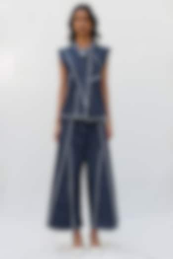 Blue Denim Elastane Seam Wide-Leg Trousers by Nakateki at Pernia's Pop Up Shop
