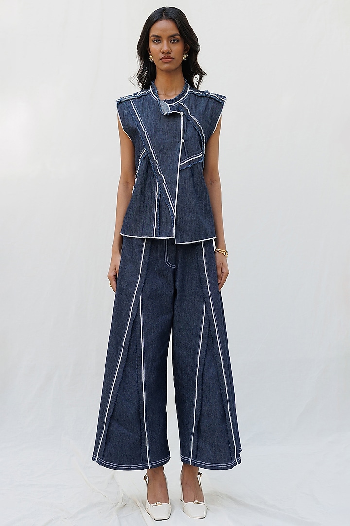 Blue Denim Elastane Seam Wide-Leg Trousers by Nakateki at Pernia's Pop Up Shop