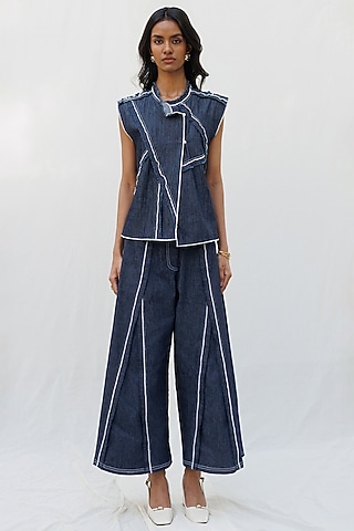 Blue Denim Elastane Seam Wide-Leg Trousers by Nakateki