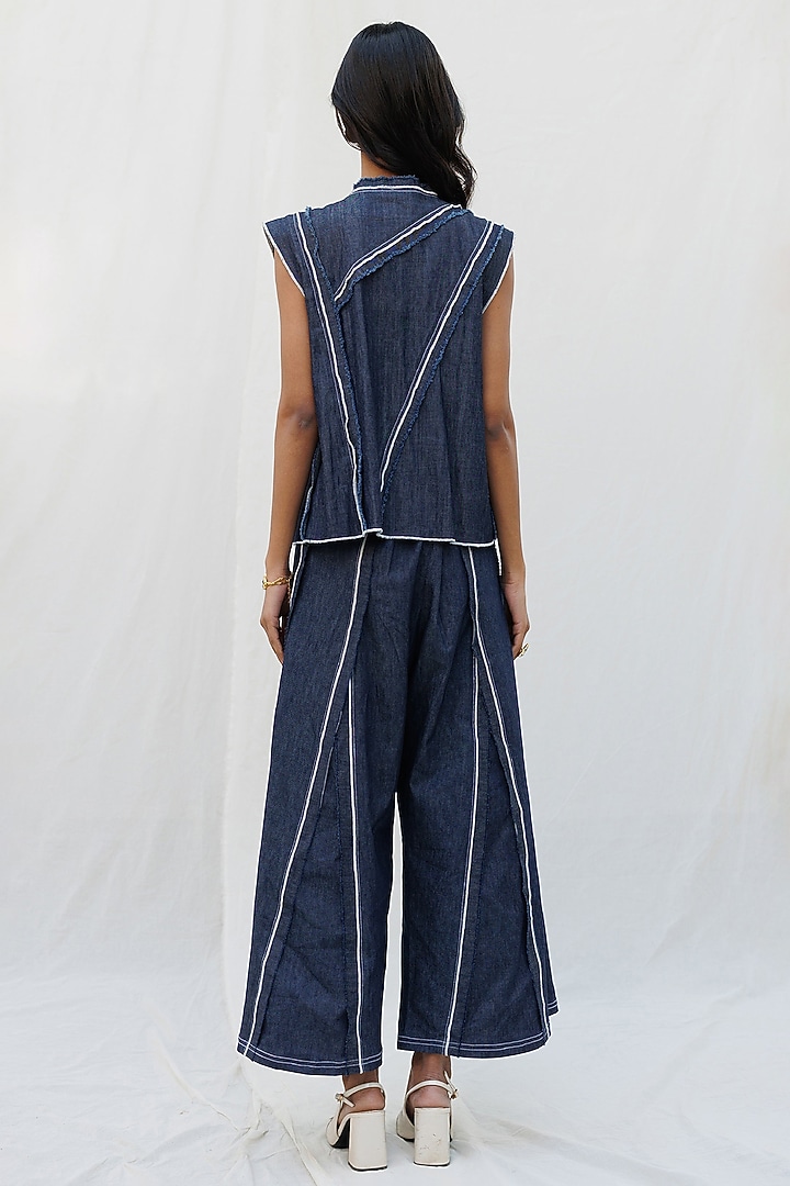 Blue Denim Elastane Seam Wide-Leg Trousers by Nakateki at Pernia's Pop Up Shop