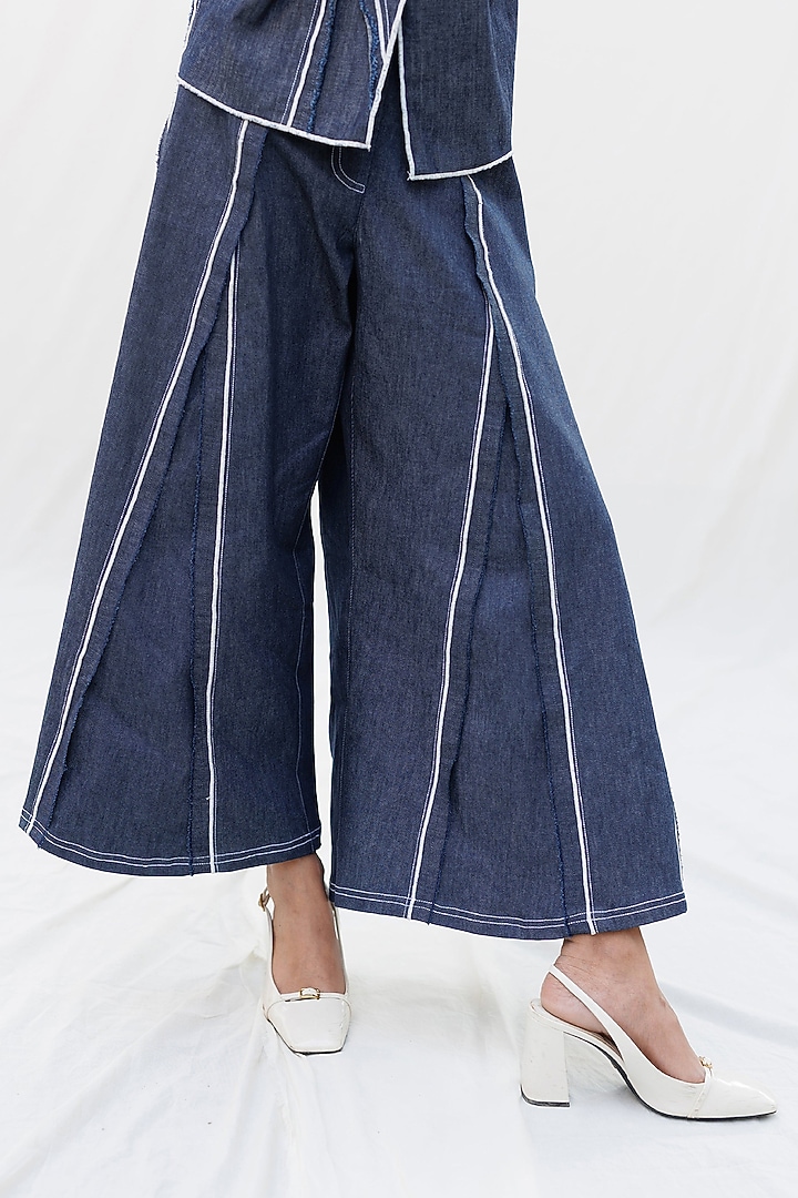 Blue Denim Elastane Seam Wide-Leg Trousers by Nakateki at Pernia's Pop Up Shop