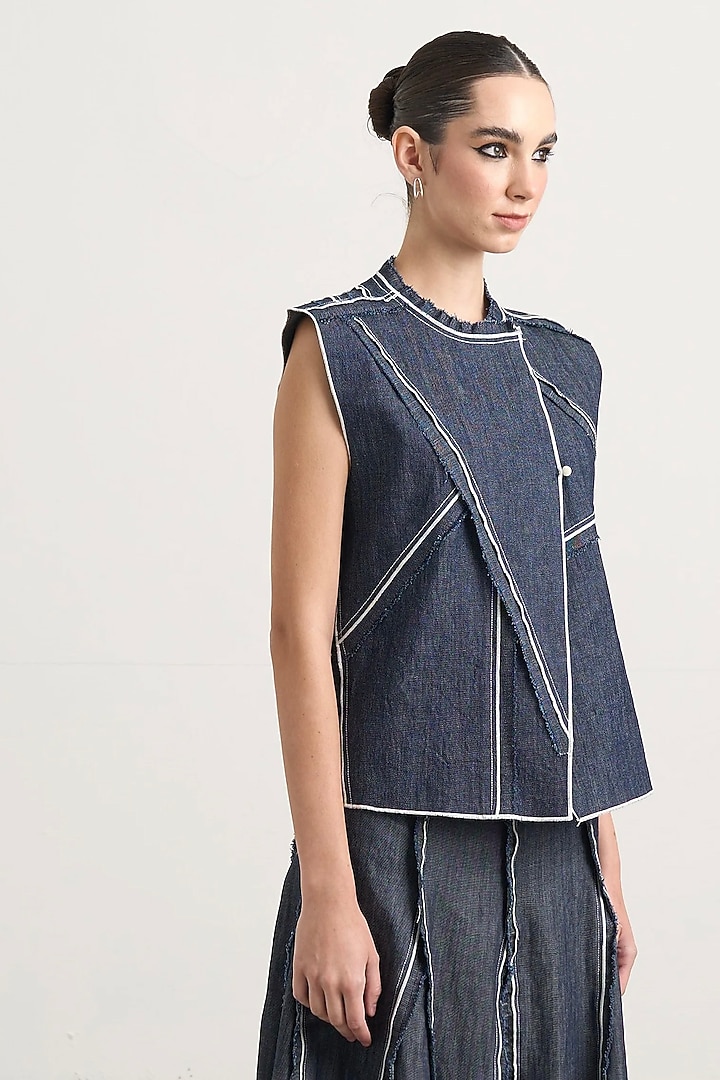 Blue Denim Elastane Chainstitch Tiered Top by Nakateki at Pernia's Pop Up Shop