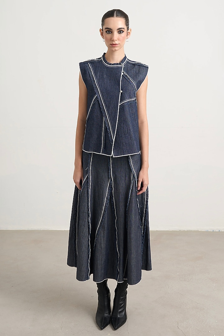 Blue Denim Elastane Chainstitch Tiered Top by Nakateki at Pernia's Pop Up Shop