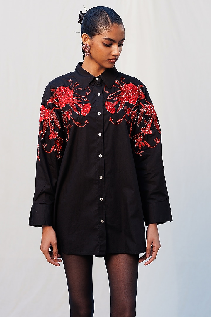 Black Poplin Metallic Embellished Long Shirt by Nakateki at Pernia's Pop Up Shop