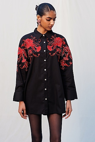 Black Poplin Metallic Embellished Long Shirt by Nakateki