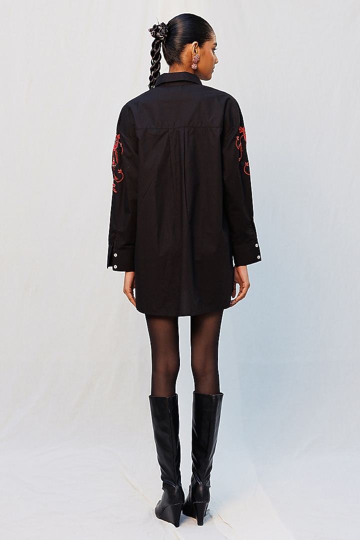 Black Poplin Metallic Embellished Long Shirt by Nakateki at Pernia's Pop Up Shop