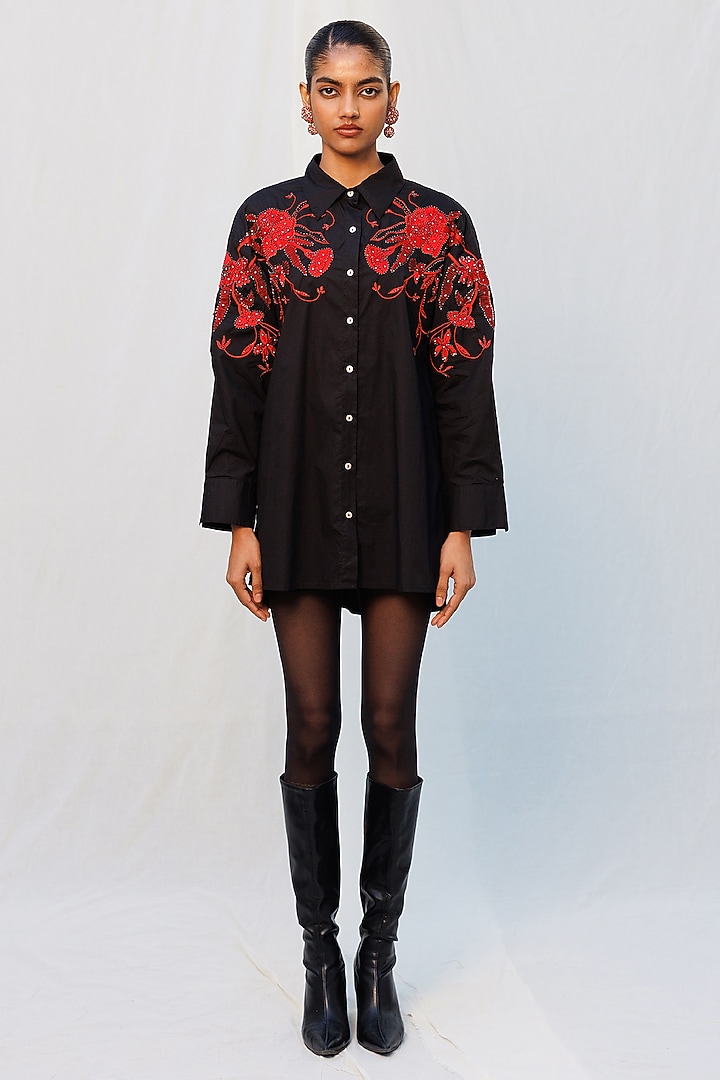 Black Poplin Metallic Embellished Long Shirt by Nakateki at Pernia's Pop Up Shop