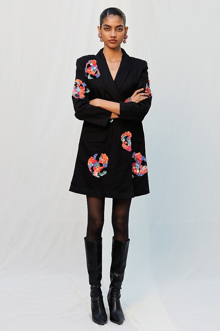 Black Cotton Twill Floral Applique Blazer Vacation Dress by Nakateki at Pernia's Pop Up Shop