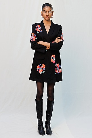 Black Cotton Twill Floral Applique Blazer Dress by Nakateki