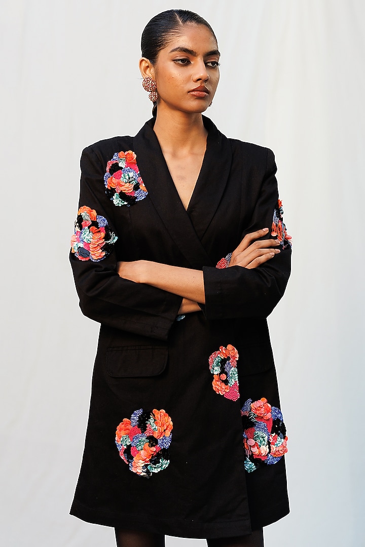 Black Cotton Twill Floral Applique Blazer Vacation Dress by Nakateki at Pernia's Pop Up Shop