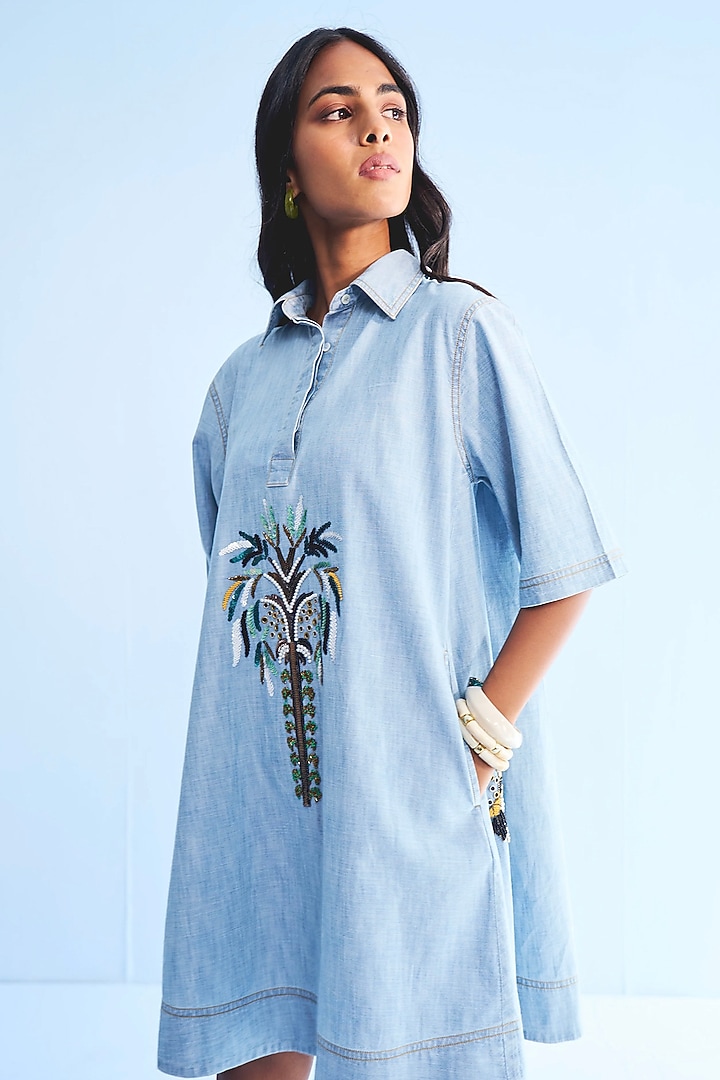 Blue Chambray Beaded Eyelet Embellished Vacation Shirt Dress by Nakateki at Pernia's Pop Up Shop