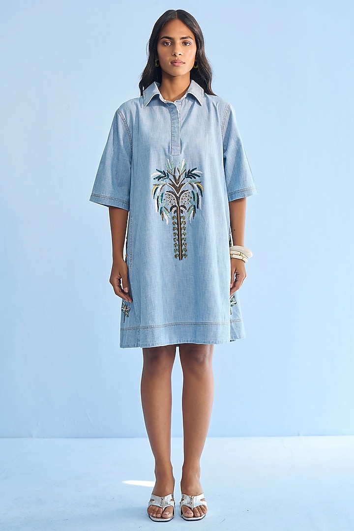 Blue Chambray Beaded Eyelet Embellished Vacation Shirt Dress by Nakateki at Pernia's Pop Up Shop