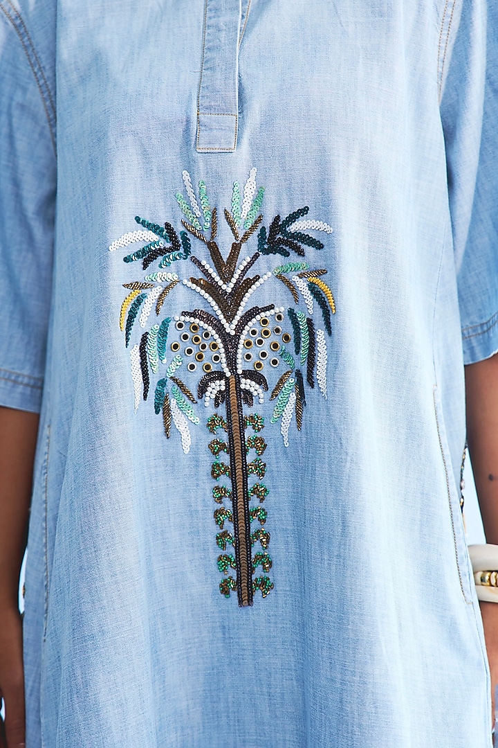 Blue Chambray Beaded Eyelet Embellished Vacation Shirt Dress by Nakateki at Pernia's Pop Up Shop