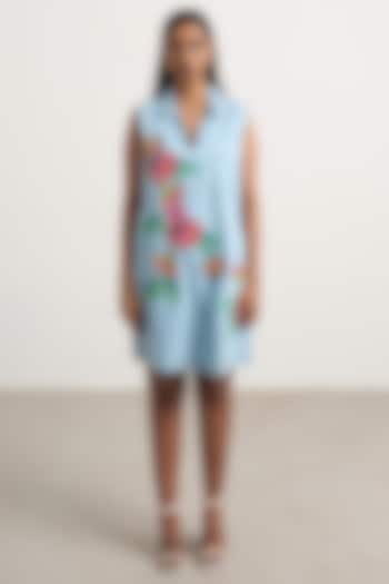 Blue Denim Floral Embroidered A-Line Mini Vacation Dress by Nakateki at Pernia's Pop Up Shop