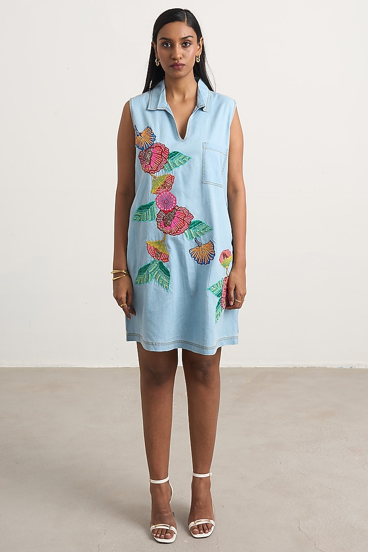 Blue Denim Floral Embroidered A-Line Mini Vacation Dress by Nakateki at Pernia's Pop Up Shop