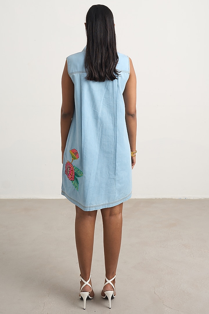 Blue Denim Floral Embroidered A-Line Mini Vacation Dress by Nakateki at Pernia's Pop Up Shop